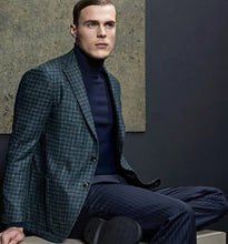 Load image into Gallery viewer, The lux color combination of emerald and navy compliment each other beautifully. We offer this jacket of wool & silk blend.
