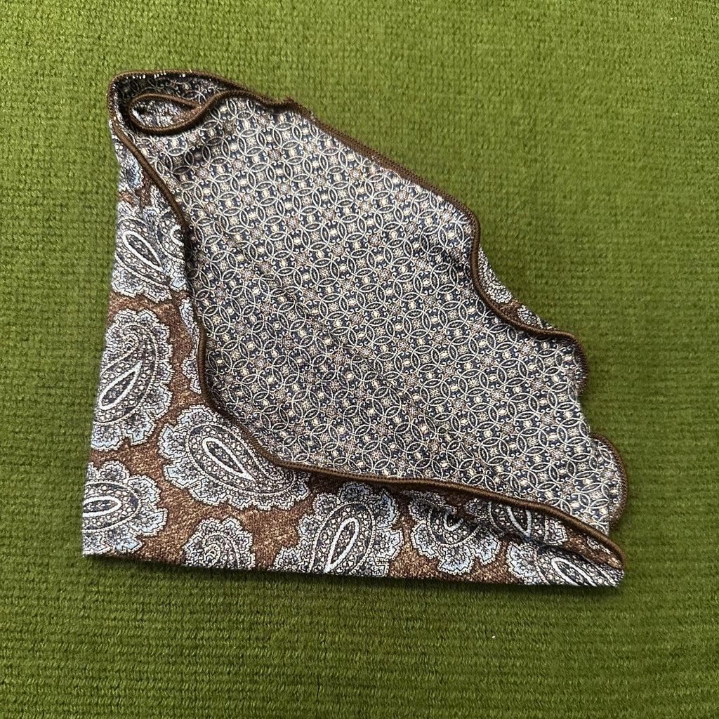 Brown Paisley Links Neat Print 100% silk pocket circle.