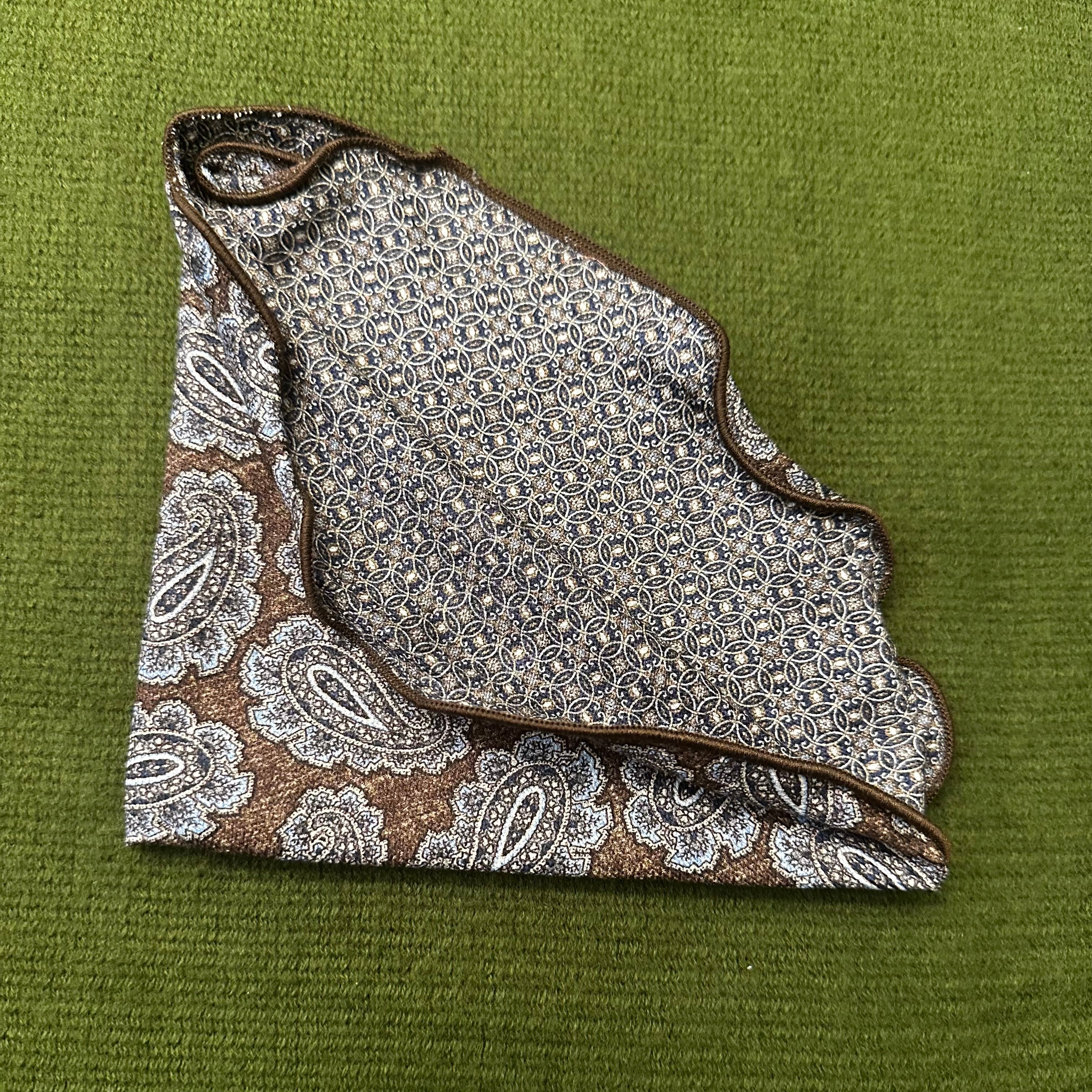 Brown Paisley Links Neat Print 100% silk pocket circle.