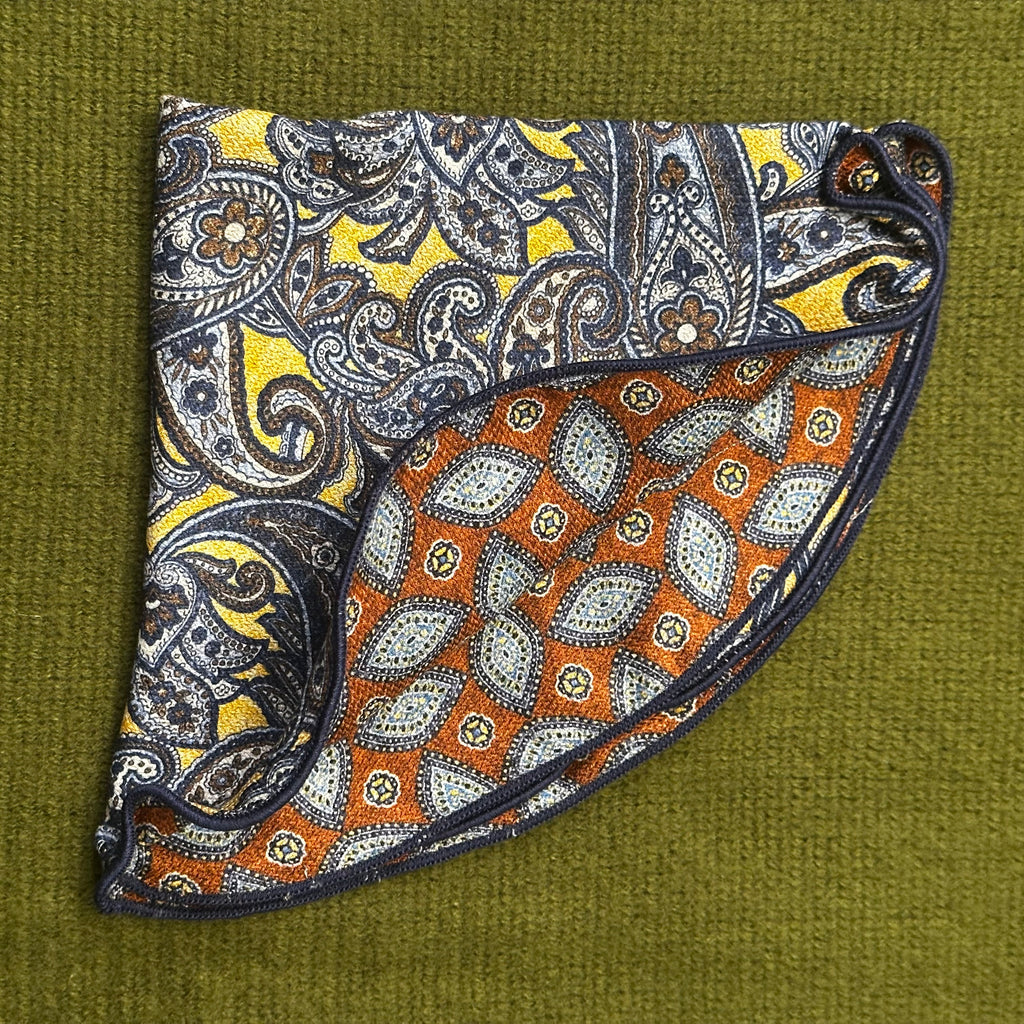 Yellow Exploded Paisley Foulard print 100% silk reversible pocket round.