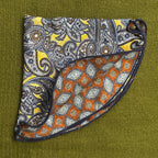 Yellow Exploded Paisley Foulard print 100% silk reversible pocket round.