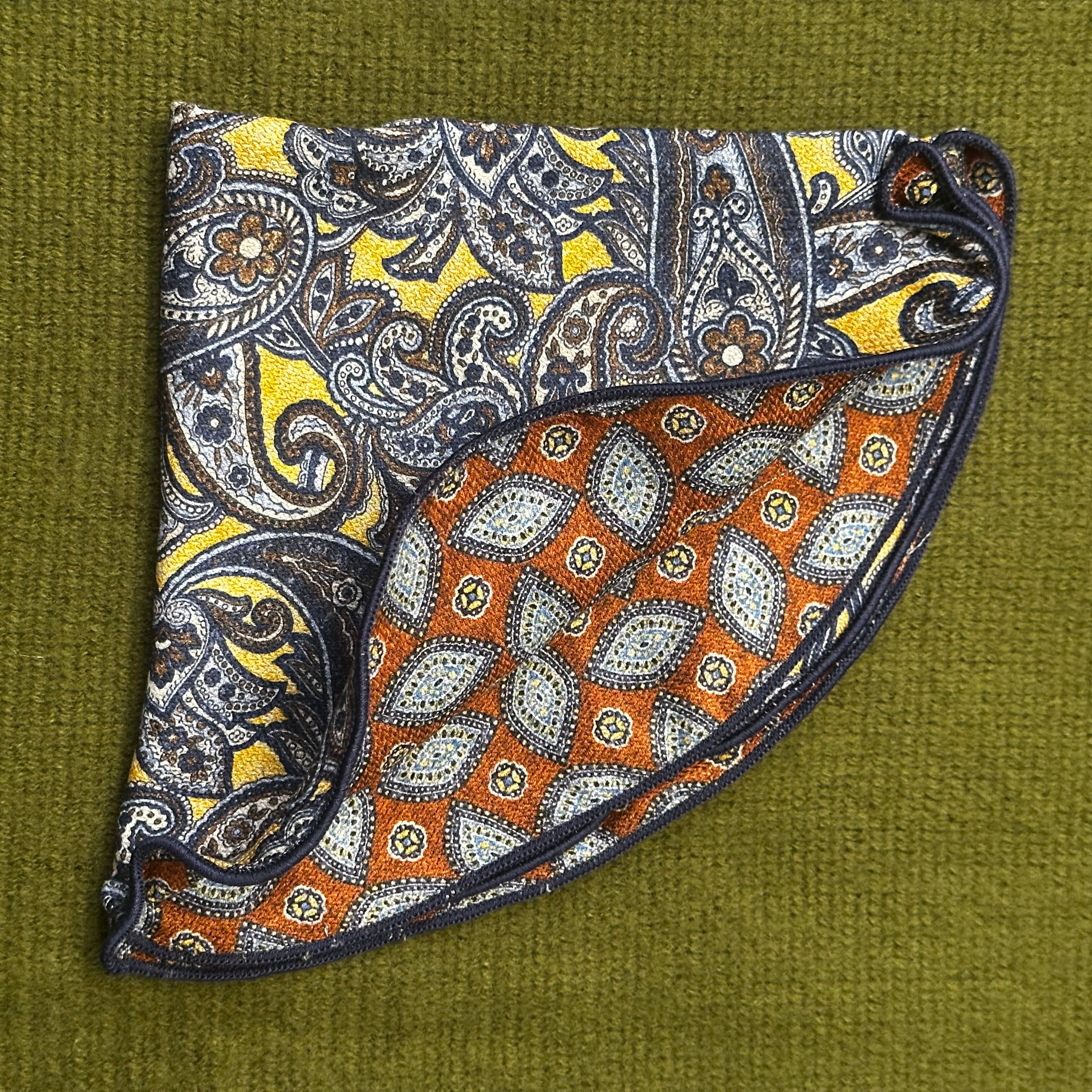 Yellow Exploded Paisley Foulard print 100% silk reversible pocket round.