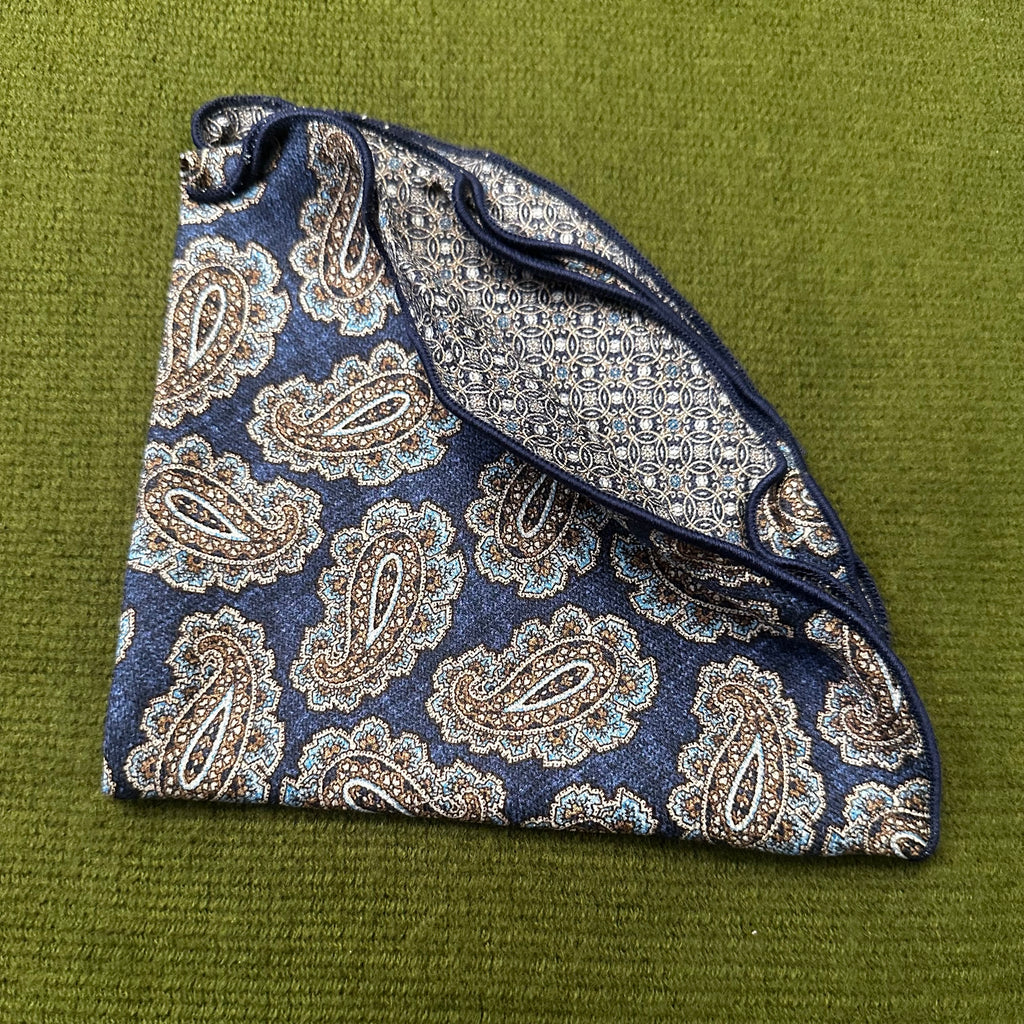Denim Paisley Links neat print 100% silk pocket round.
