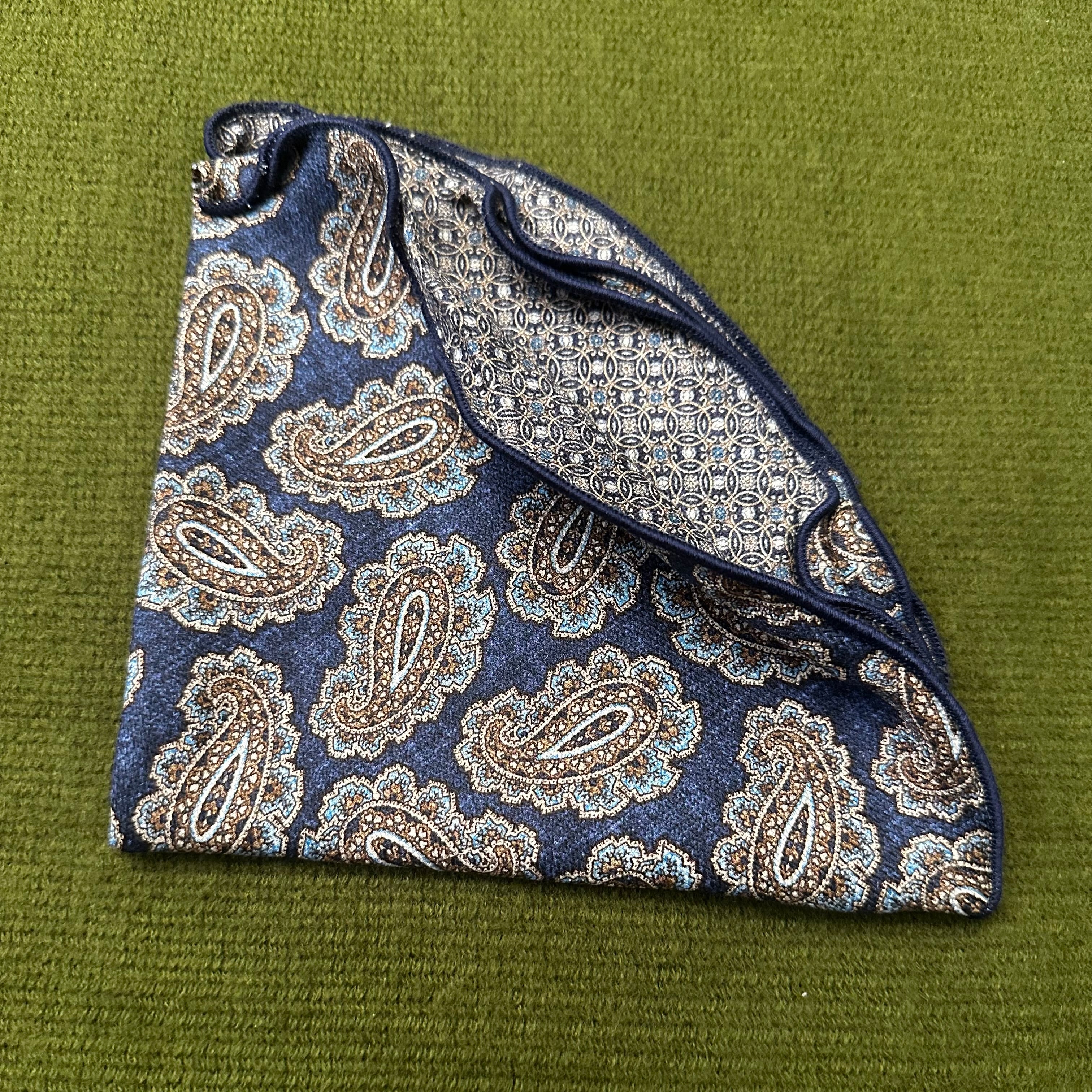 Denim Paisley Links neat print 100% silk pocket round.