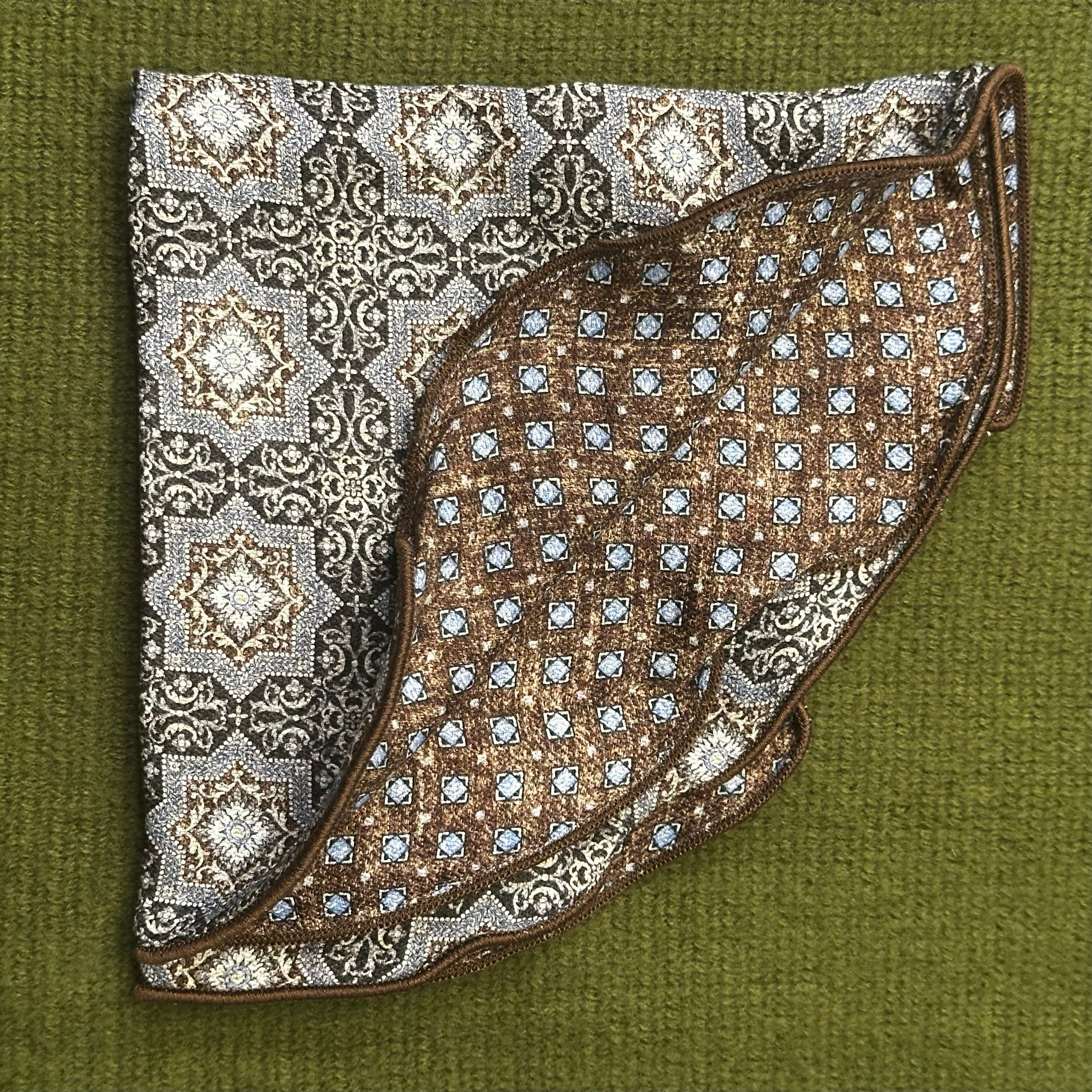 Brown Persian Links neat print 100% silk, reversible pocket round.