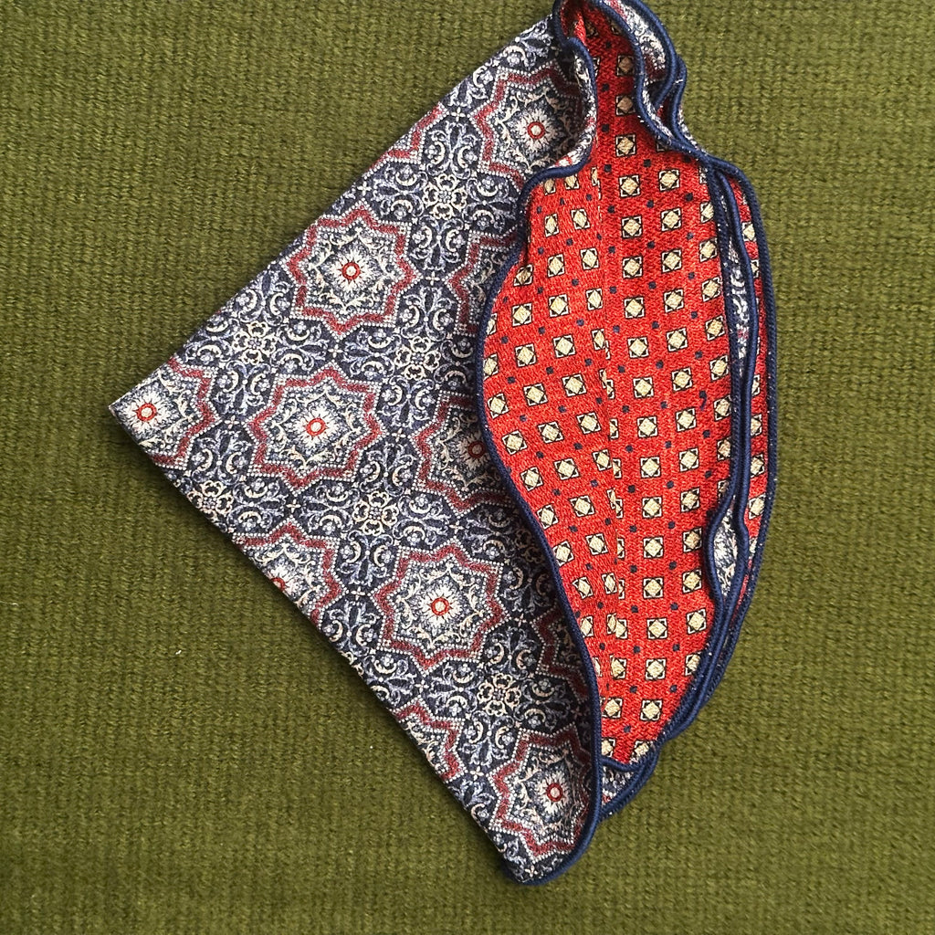 Denim Persian mini neat print, 100% silk reversible pocket round.