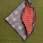 Denim Persian mini neat print, 100% silk reversible pocket round.