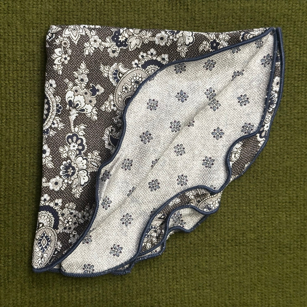 Charcoal Paisley Vine Floret neat print 100% silk reversible pocket round.
