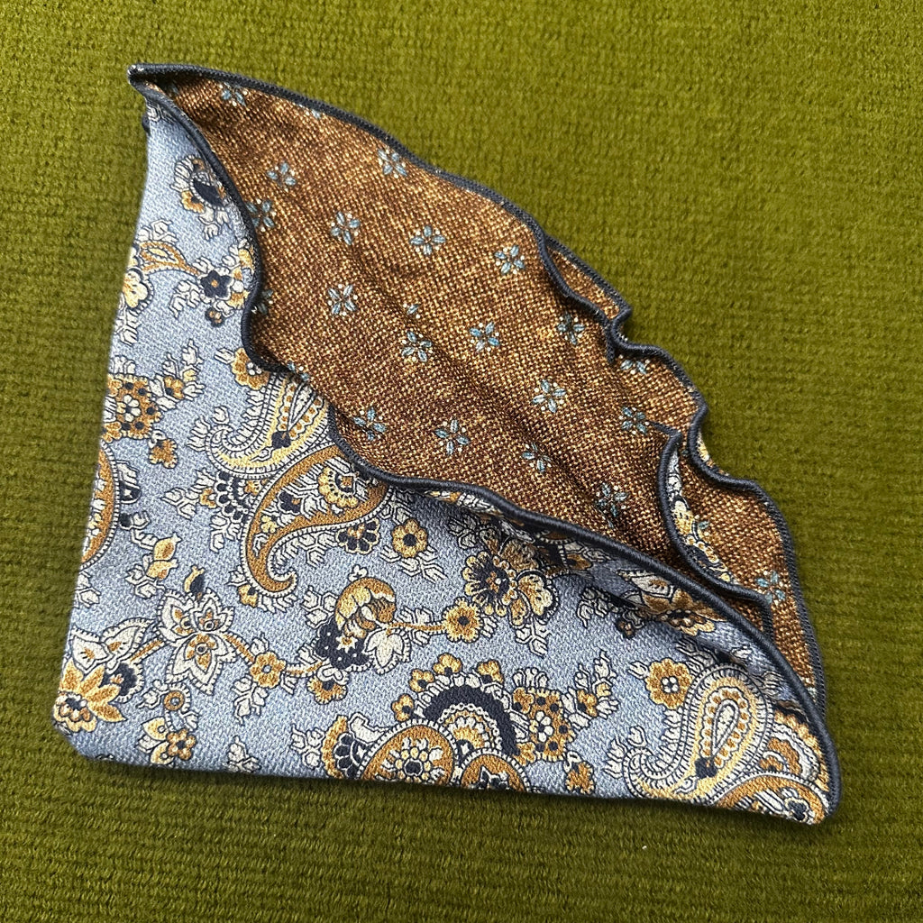 Blue Paisley Vine/Floret Neat Print 100% Silk Reversible pocket circle.