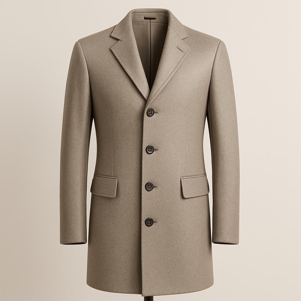 SILVER TAN COLORED FOUR BUTTON CASHMERE TOP COAT 
