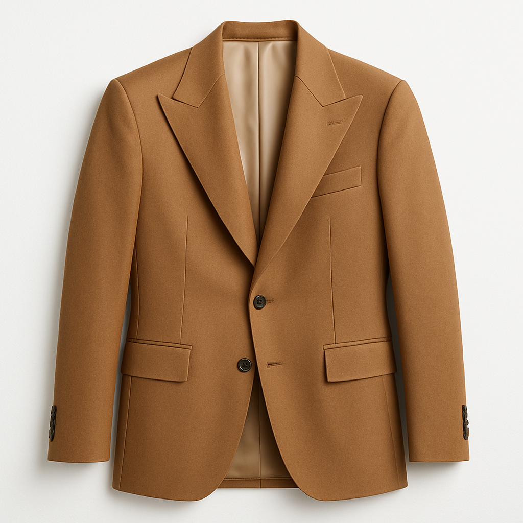 two button peak lapel jacket in camel color
