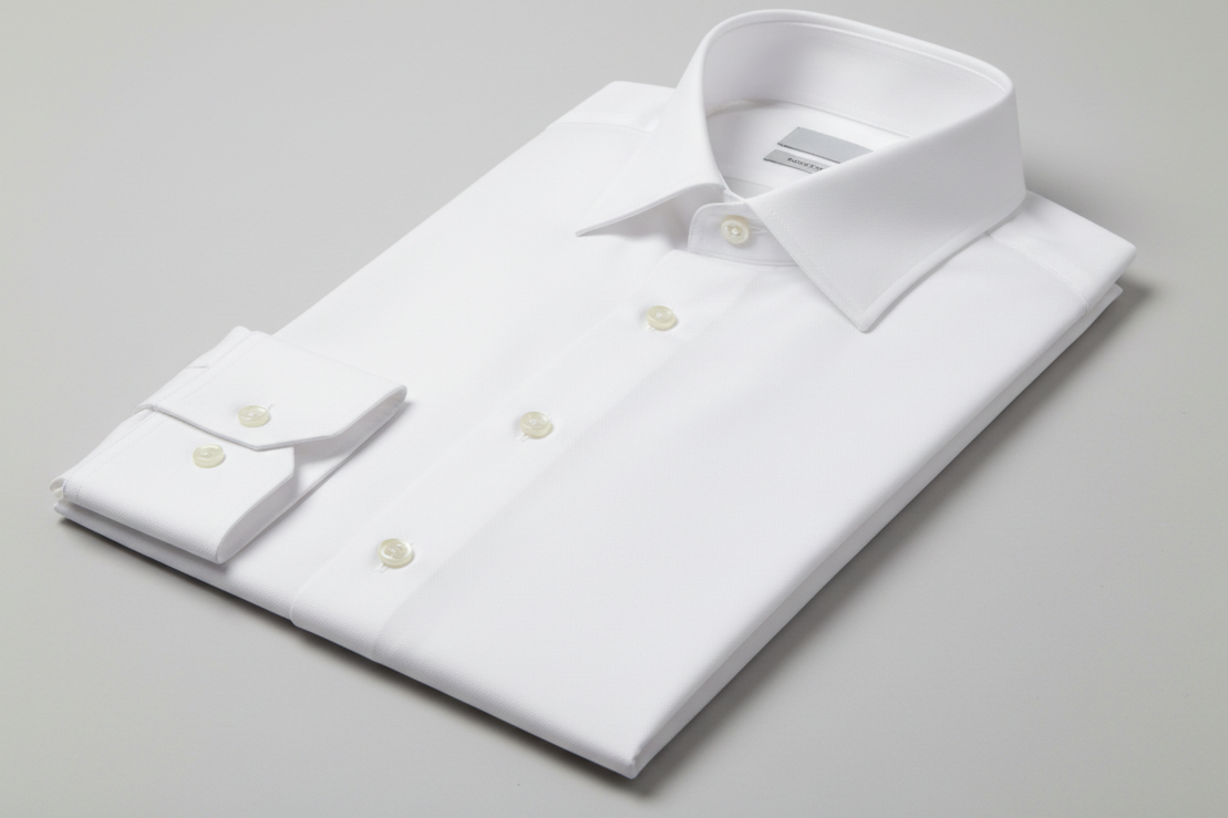 white spread collar dress shirt with mitered cuffs