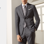 Grey Super 120's wool suit, offered fully lined tailored fit, side vents classic notch lapel.